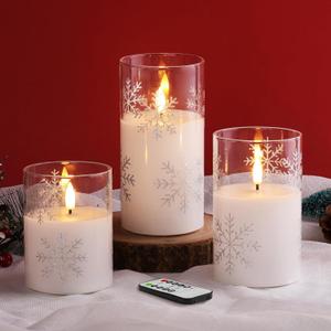 Girimax Clear Snowflakes Christmas Flameless Candles with Remote, Flickering Battery LED Pillar Candles Set of 3