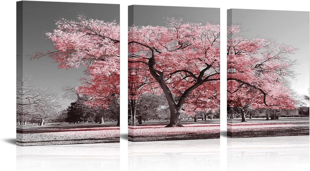 Visual Art Decor Pink Tree Canvas Wall Art Pink and Grey Room Decor Cherry Blossom Wall Art Modern Art Framed Ready to Hang Living Room Wall Decor 12x16inchx3 Piece