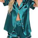 Senert Silk Satin Pajamas Set Women Two-Piece Nightwear Short Sleeve Sleepwear Soft Button Down Loungewear Pjs Set Green,XX-Large