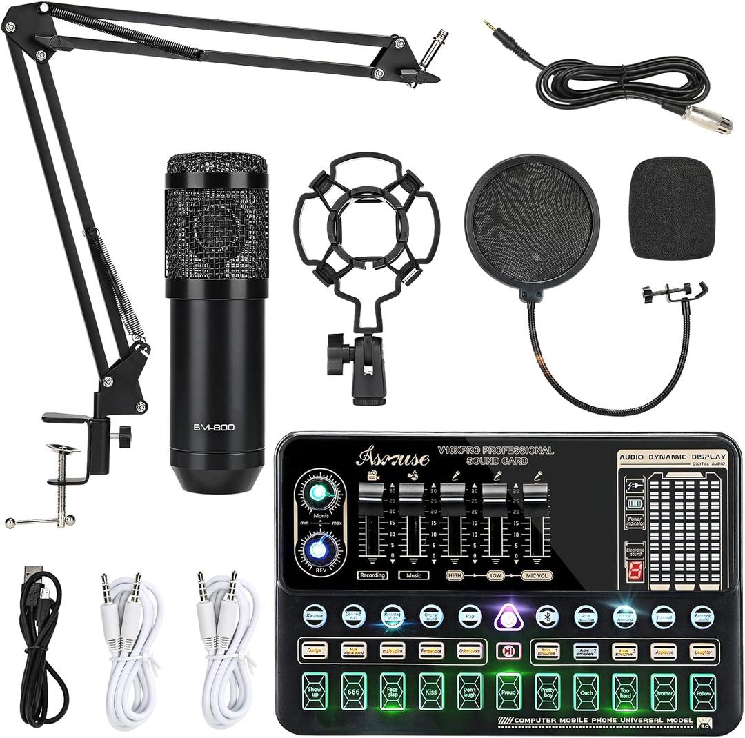 Asmuse Podcast Equipment Bundle, BM800 Condenser Podcast Microphone Bundle Kit with Live Sound Card, Streaming Audio Mixer Studio All-in-one Beginner Podcast Package for Recording YouTube TikTok (DJ)