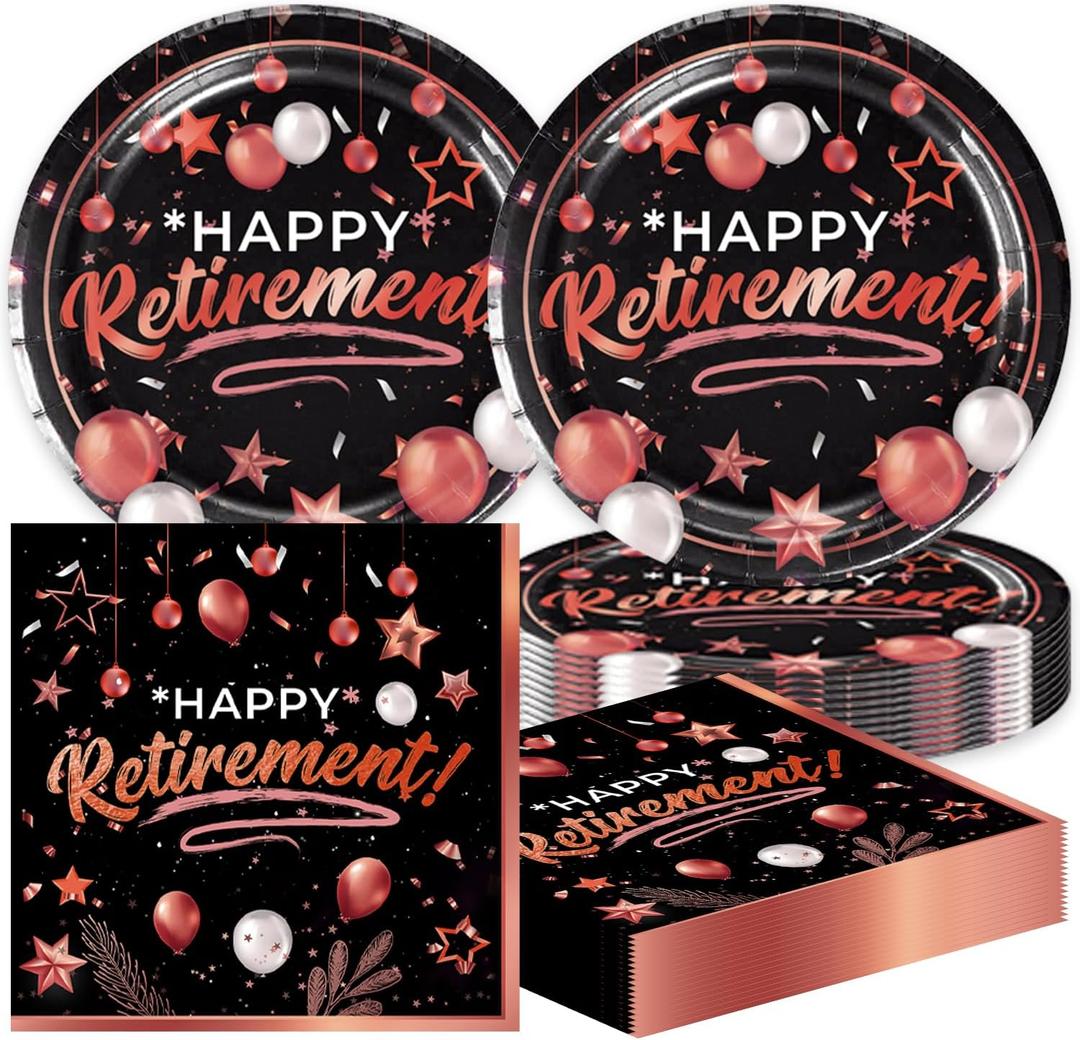 40pcs Retirement Party Decoration,include 20 dessert plate, 20 Napkin,Used for Rose Gold and Red Retirement Party Supplies