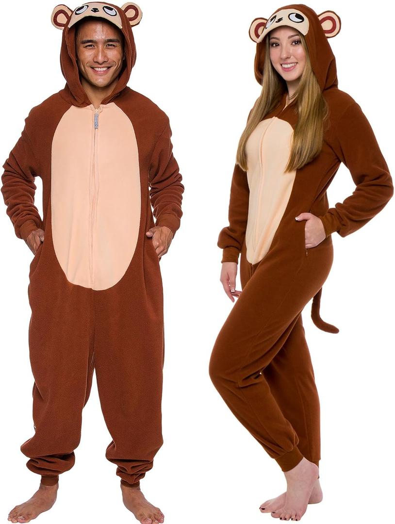 Funziez! Slim Fit Adult Onesie - Animal Halloween Costume - Plush Unisex One Piece Cosplay Suit for Women and Men (Medium, Monkey)