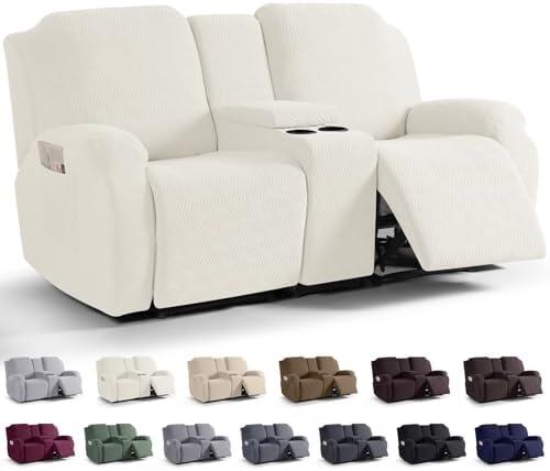 KinCam Loveseat Recliner Covers with Middle Console Slipcover, Recliner Sofa Covers 2 Seat Couch Cover Stripe Jacquard Furniture Protector Covers with Elastic Bottom for Kids, Pets(Cream)