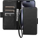 Bocasal Wallet Case for iPhone 15 Pro Max 5G, Genuine Leather Support Wireless Charging RFID Blocking Flip Case Card Slots Holder, Kickstand Book Folding Folio Cover with Wrist Strap 6.7 Inch (Black)