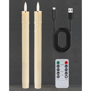 9.6" Rechargeable Flameless Taper Candles with Remote, Timer, Dimmer, Ivory LED CandleSticks, 2 Pack USB Long Candles Battery Operated for Window, Table, and Mantel Decor