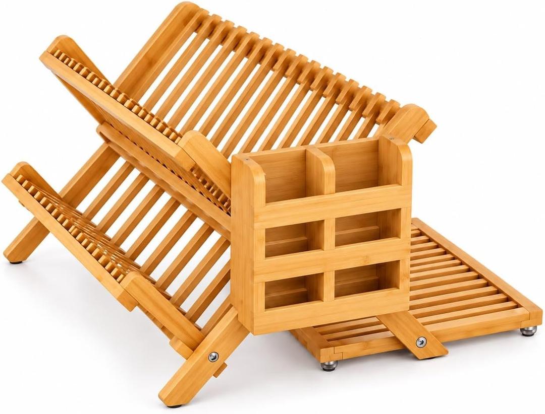 3-Tier Bamboo Dish Drying Rack with Utensil Holder & Absorbent Dish Drying Mat | Collapsible Wooden Dish Rack for Kitchen Counter | Folding Drying Rack with Utensil Caddy & Cutlery Holder, large