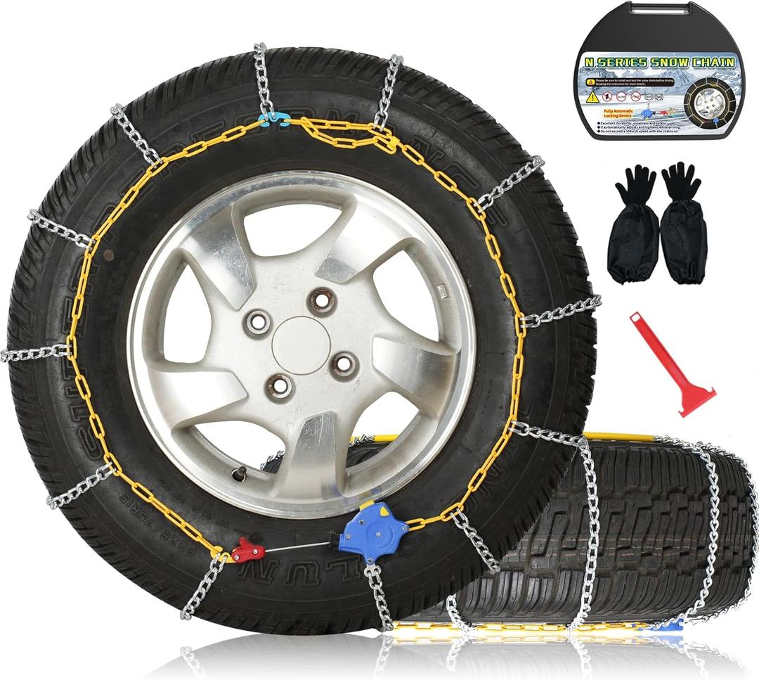 Auto Fixing Snow Chains, 2 x 12 mm, 30s Quick Installation of Tire Chains with Automatic Tensioner, Universal Emergency Tire Traction Chain for Cars, Pickups, and SUVs (HLN 130)