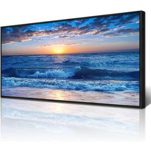 Wapluam Black Framed Canvas Wall Art - Large Blue Ocean Beach Wall Painting for Living Room, Bedroom & Office Decor