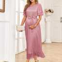 AISWI 2025 Maternity Sparkly Mesh Maxi Flowy Dress with Belt Ruffle Sleeves Pregnant Long Dress Baby Shower Photoshoot Formal (Pink, XL)