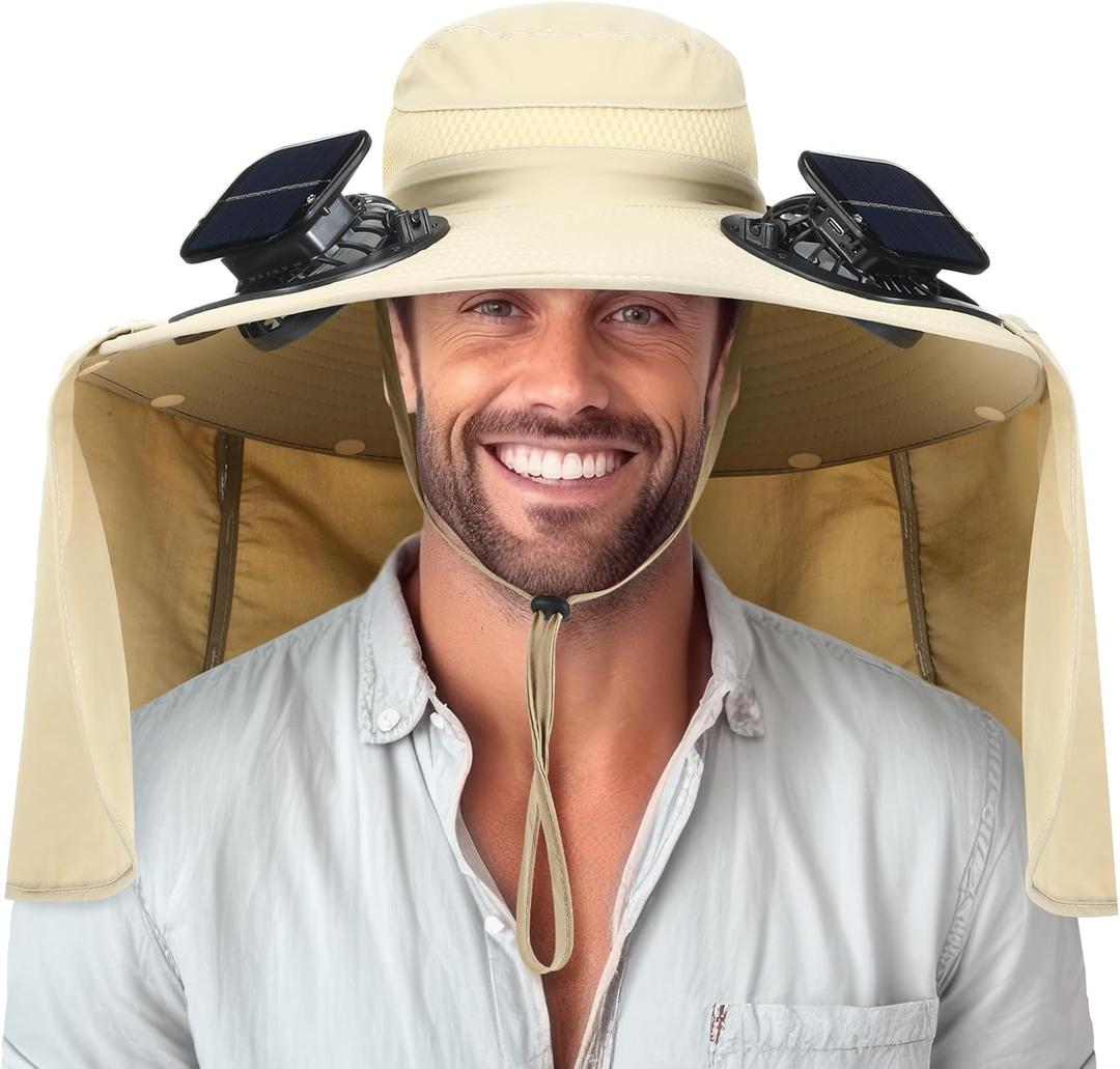Chuarry Wide Brim Sun Hat with 2 Fan Outdoor Solar Powered USB Charging Fishing Hat with Neck Flap for Men Women (Khaki)