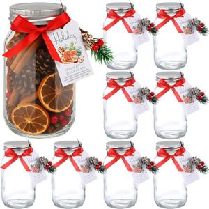 9 Sets Christmas Potpourri Simmer Pot 25 oz Glass Mason Jars with Lids Hot Chocolate Cinnamon Storage Include Mason Canister Tags Pine Branches for Holiday DIY Christmas Cookie Candy Jars