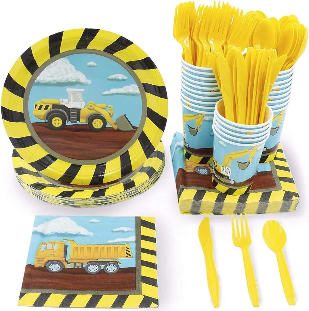 Juvale Serves 24 Under Construction Theme Party Supplies Decoration for Kids Birthday, Disposable Paper Plates, Napkins, Cups & Cutlery - Construction Party Supplies