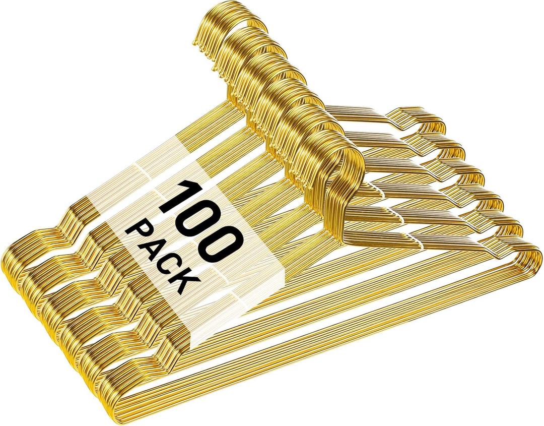 Wesiti 100 Pcs Stainless Steel Metal Hangers Wire Hangers for Clothes Strong Ultra Thin Space Saving Wire 17.7" Clothes Space for Coat Suit Bridal Boutique Dress Closet Dorm Clothing Rack(Gold)