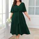 SCOMCHIC Women Plus Size Midi Dresses Wedding Guest Short Sleeve V Neck Tie Waist Casual Summer Flowy A Line Dress (Green, XXL)