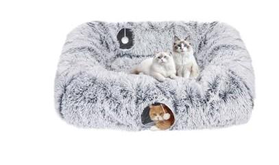 Extra Large Cat Tunnel Bed, 4 Ways Tunnels for Indoor Cats, Multi-cat Family Peekaboo Cave & Cat Bed, Plush Cat Donut with Washable Middle Mat, Exit Balls, Pet Play Toy for Kitten Puppy Rabbit