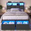 Twin Bed Frame with Storage Drawers, Charging Station and LED Lights, Upholstered Headboard with 2-Tier Shelves, Heavy Duty Metal Slats, No Box Spring Needed, Noise Free, Easy Assembly