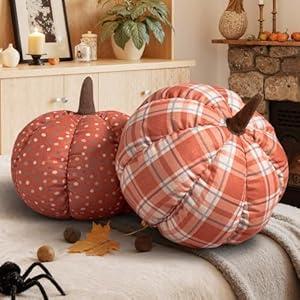 Lanpn Fall Pumpkin Pillow Set of 2, Halloween Decoration Throw Pillow Soft Cute 3D Shaped Cushion for Sofa Couch Bedroom Autumn Thanksgiving Halloween Decor (2 Different Print, 12.6x10.6in)