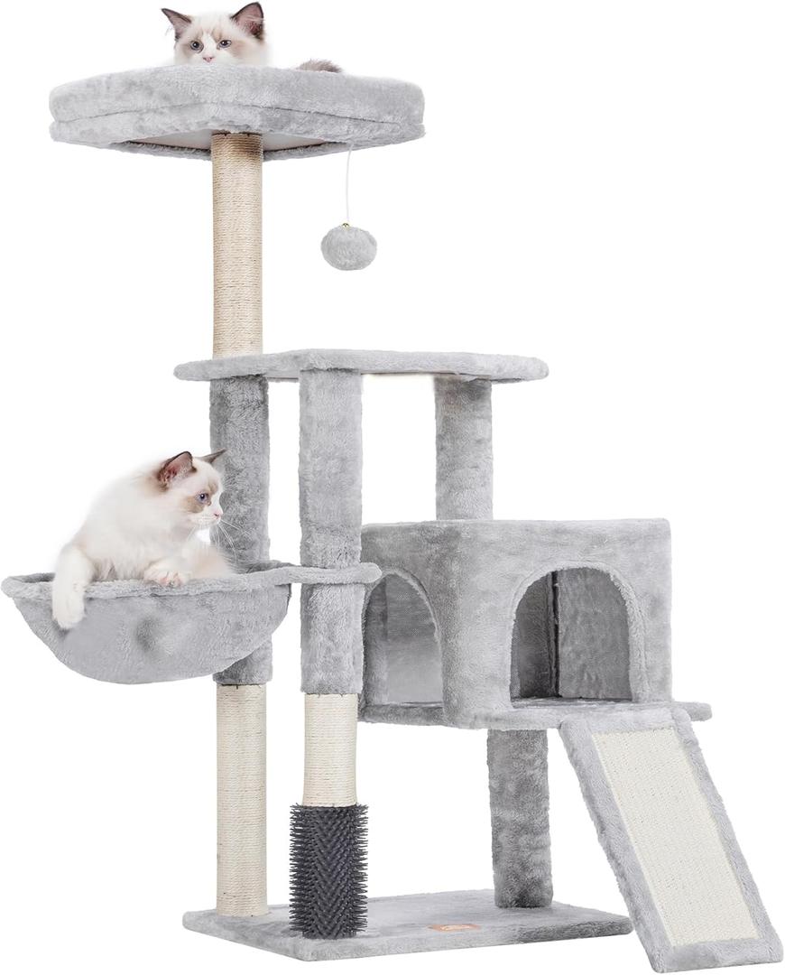 Heybly Cat Tree with Cat Self Groomer Brush, Cat Tower Condo for Indoor Cats with Padded Plush Perch, Cat House with Basket Scratching Board Post, Light Gray HCT005SW (42.5 inch)