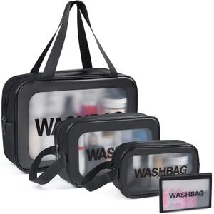 YuanCheng 4pcs PU Leather Portable Toiletry Bags with Handle, Translucent Waterproof travel Make up Bags for Women, Large Capacity Travel Cosmetic Bags
