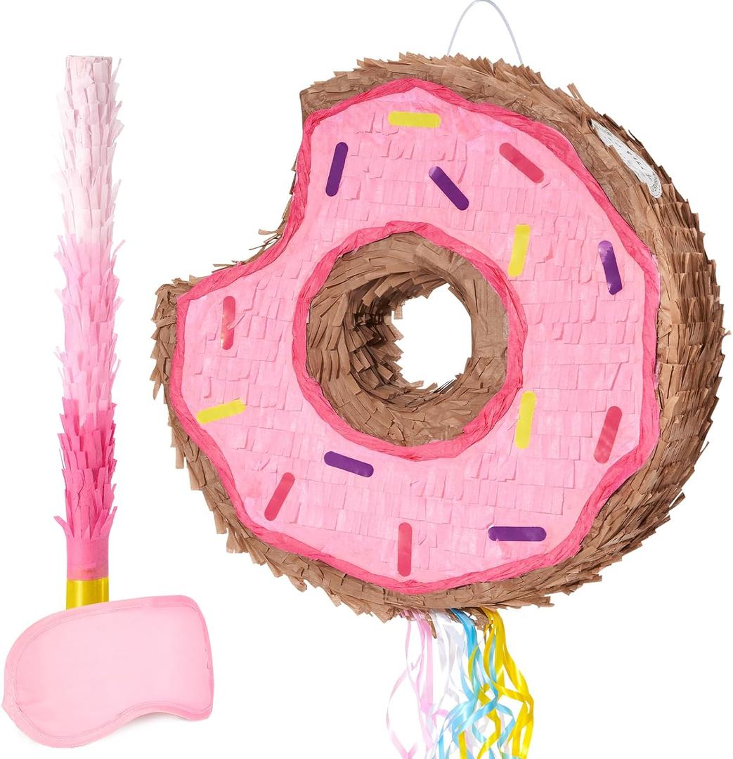 WERNNSAI Donut Piata - Pink Donut Piata with String Birthday Party Decorations Piata with Stick Blindfold for Girls Kids Dount Pull String Piata Family Games Birthday Party Supplies