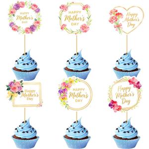 48Pcs Mother's Day Cake Topper, Mothers Day Decorations Supplies Six Styles, Flower Cupcake Toppers Supplies for Party Suitable for Decorating Flowers Gift Boxes & Cakes