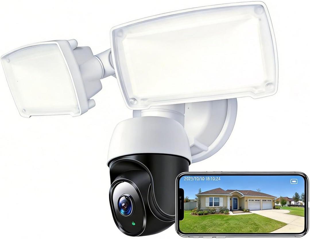 PTZ Security Camera with Floodlight, 360° Auto Tracking 1080P, 2500 Lumens, Color Night Vision, Weatherproof, 90dB Siren, Includes 64GB TF Card & Plug-in Adapter