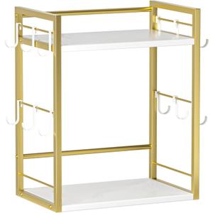 Dorhors 2 Tier Coffee Bar Accessories and Organizer,Multi-functional Mug Holder with 12 Hooks,Wood Coffee Station Organizer,Kitchen Countertop Shelf (Gold + White)