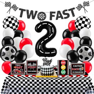 Two Fast Birthday Decor, Race Car Party Supplies Baby Boy 2nd Birthday Decorations Racing Car Party Signs Cake Toppers Foil Balloons Banner Tablecloth Decorations for Boy,Red
