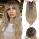 PANEWAY Hair Topper With Bangs 18inch Toppers With 6.5“ ×6.5” Large Base Long Straight Layered Premium Synthetic Hair Pieces For Women-Ombre Blonde With Dark Root