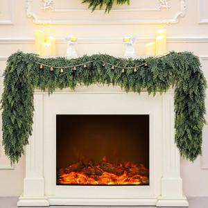 6Ft Real Touch Christmas Cedar Garland, Realistic Full Cedar Garland with Bells Decor, Green Artificial Pine Needles Garlands for Mantel, Fireplace, Stairs Railing, Tables, Christmas Decorations