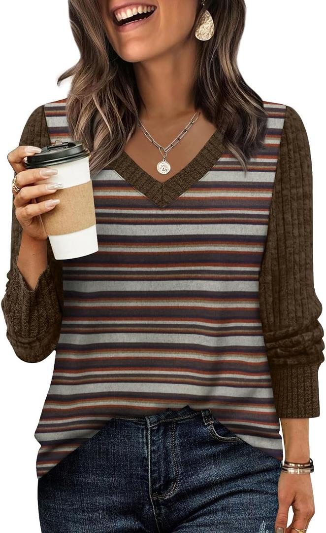 WIHOLL Sleeve Patchwork Shirts for Women Loose Fit V Neck Fall Outfits 2025 Trendy Sweaters Casual Tunic Tops (S)