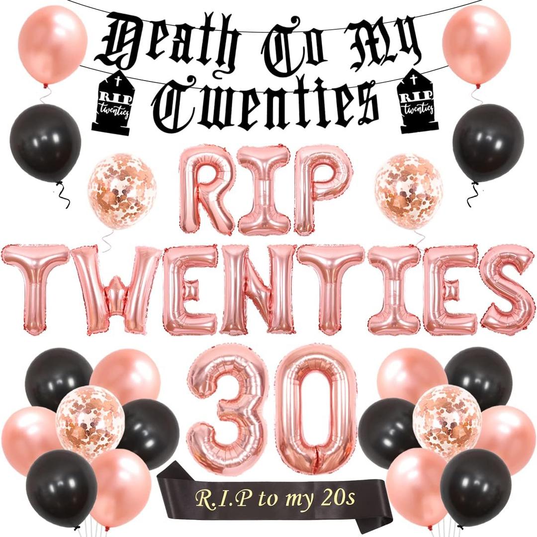 Rip Twenties 30th Birthday Party Decoration for Women Black and Rose Gold Balloon Garland Death to My Twenties Banner, Rip to My 20s Sash, Number 30 Foil Balloon for Funny Thirty Birthday