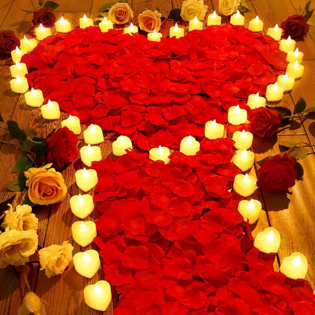 JMUQ 7000 Pieces Artificial Rose Petals with 72 Pieces Romantic Heart Led Tealight Candles, Rose Petals and Candles Set for Weddings Anniversaries Proposals Decor(Warm White Light)