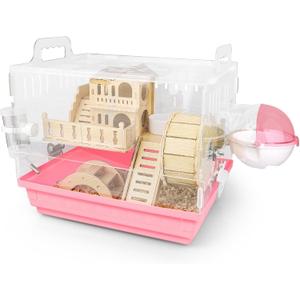 Cycodo 8 in 1 Acrylic Hamster Cage,2-Tier Dwarf Hamster Cage with Wooden Wheel & Hideout, Small Hamster Habitat with Accessories, Clear Pet Mice House (Pink,14" L*10" W*11" H)