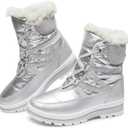 BABUDOG Womens Warm Fur Lined Mid-Calf Boots Waterproof Winter Snow Boots Non-slip Lace up Combat Boots (Size 9, Silver)