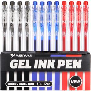 4 x WY WENYUAN 12 Pcs Gel Pens, 1.0mm Bold Point Black & Red & Blue Pens, Quick Drying Gel Ink Pens for Smooth Writing, Retractable Ballpoint Pens for School, Office, Journaling, Note Taking