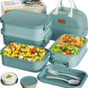Adults Bento Box with Insulated Lunch Bag, 74oz Capacity 3 Stackable Leak-Proof Bento Box Built-In Utensil and Sauce, PFAS & BPA-Free, Microwave & Dishwasher Safe (Mint Green)