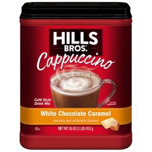 Hills Bros. Cappuccino Mix Rich, Frothy Coffeehouse-Tasting Instant Drink Mix Quick and Easy Preparation Perfect for Hot & Iced Drinks & Creaming Coffee White Chocolate Caramel, 1 Pack of 16oz (EXP 01/28/27)