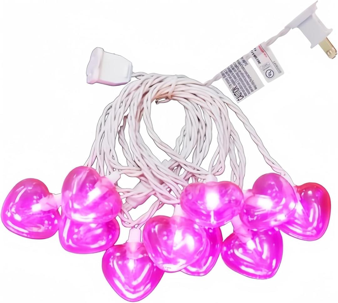 Pink Heart Decorative Lighting String, 10 Count Pink LED and 9 FT White Wire, for Valentines Day, Mothers Day, Fathers Day, Birthdays.