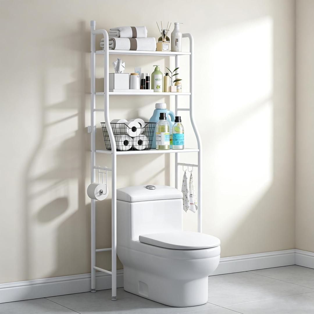 3-Tier Over the Toilet Storage Shelf with Adjustable Foot Pads, Anti-Tilt Metal Bathroom Organizer with Paper Holder & 4 Hooks, No Drill Space Saving Toilet Rack, White