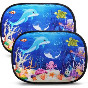 ABSOFINE Car Window Sun Shades for Baby Kids 2 Pack 19"x14", Ocean World Window Shades Sun Blocker Cover, Baby Car Shades for Back Windows with 8 Suction Cups and Storage Bag, Anti Glare & UV