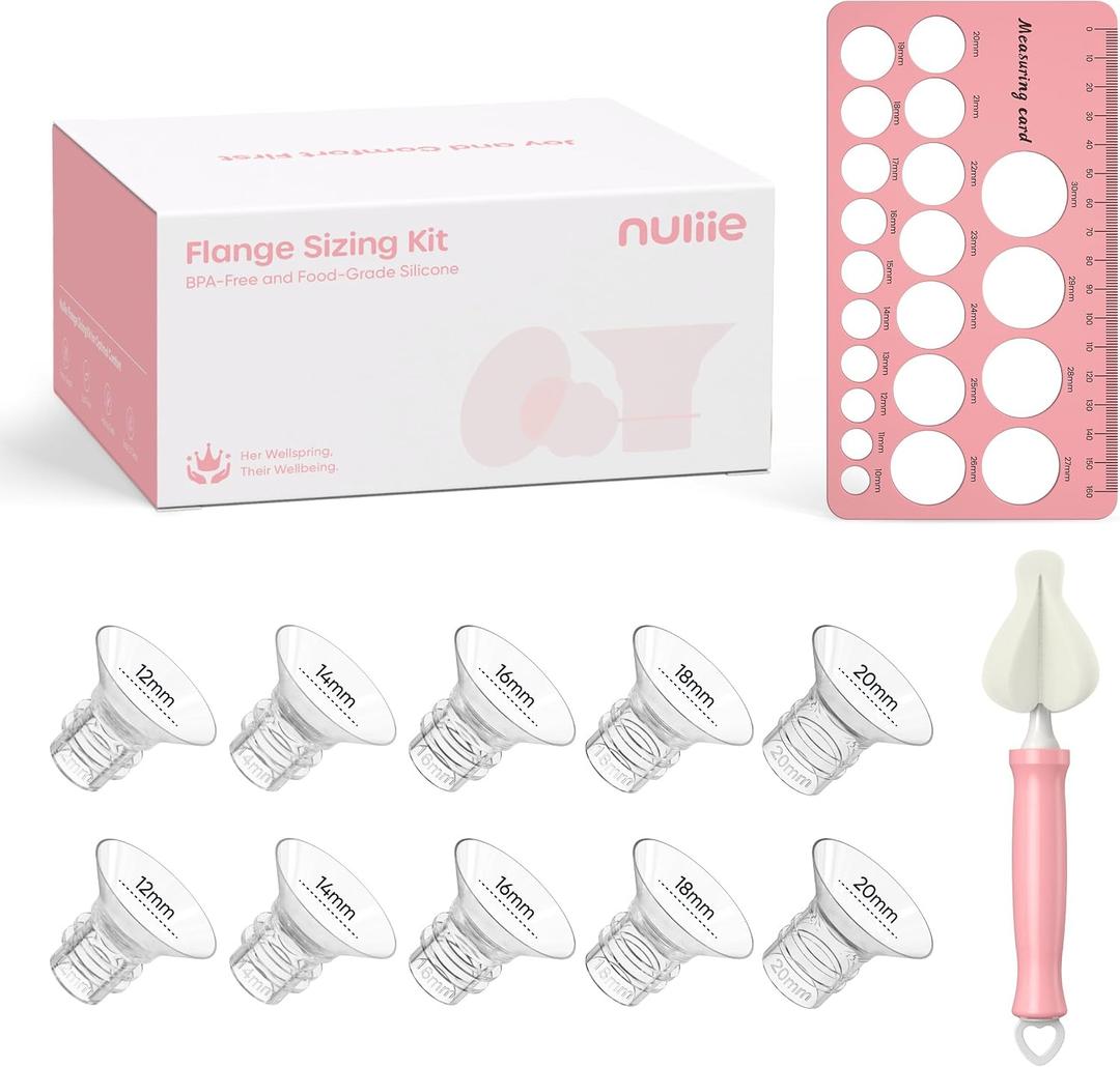 Nuliie 3-in-1 Flange Sizing Kit 12/14/16/18/20mm for 24mm Flange/Shield of Most Pumps, 10PCS Silicone Flange Inserts to Boost Pumping Efficiency & Comfort, BPA-Free Pump Essential for Moms