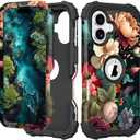 PIXIU Unique Flower Pattern Compatible with iPhone 17 6.3 inch case,Heavy Duty Dual Layer Shockproof Full-Body Protective Sturdy Hybrid Cute Rugged Case for Women,Girls,Kids-Black Flower (T77)