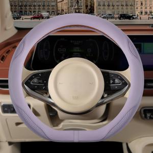 Nappa Leather Purple D Shape Steering Wheel Cover, Advanced Microfiber Leather Non-Slip Breathable Fabric, Warm in Winter and Cool in Summer, Universal 15 inch