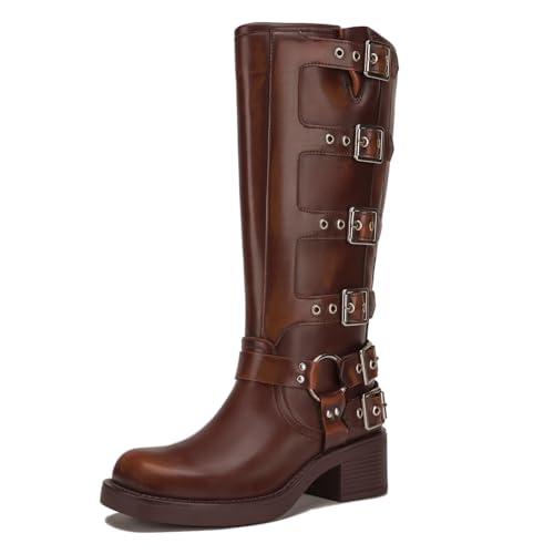 Athlefit Women's Knee High Riding Boots Fashion Buckle Square Toe Chunky Heel Wide Calf Biker Brown Boots Size 5.5, Missing Boots