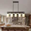 Farmhouse Dining Room Light Fixture, 5-Light Wood Kitchen Island Lighting for Dining Room Over Table, Black Adjustable Pendant Light with Milk Glass Shades, Linear Chandeliers Lighting for Kitchen