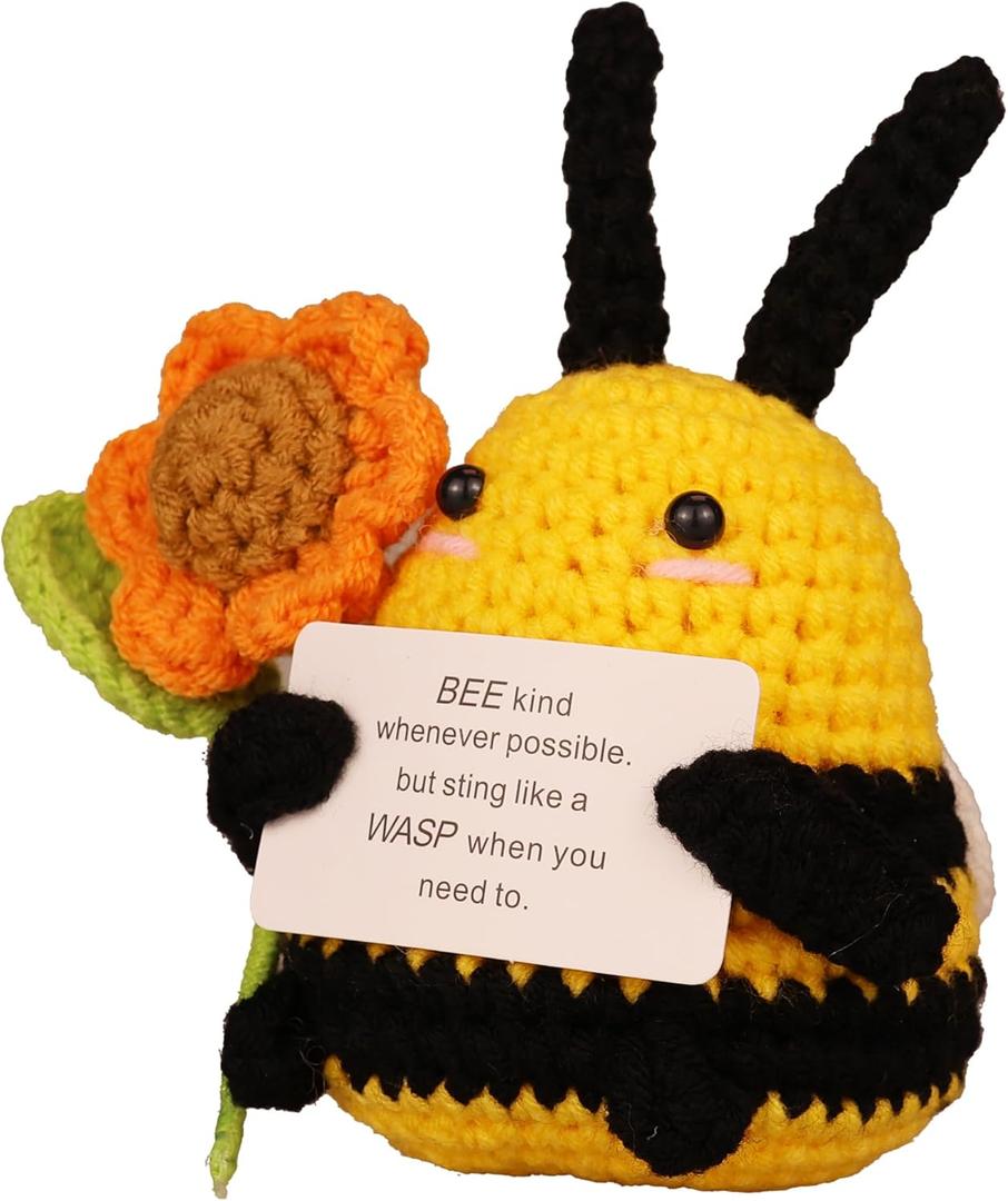 Handmade Crochet Emotional Support Bee with Flower Doll with Inspirational Card - Cute Knitted Positivity Gift for Women, Friends, Kids, Coworkers Unique Office Desk Decoration, Birthday, Christmas