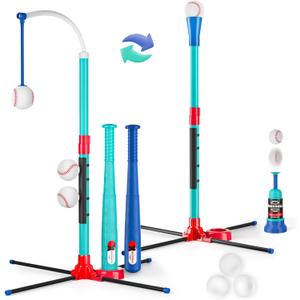 3-in-1 Baseball Set for Kids: Hanging Batting Tee + T Ball Stand Set Auto Ball Launcher for Toddlers & Youth Adjustable Height with 6 balls 2 Bats Outdoor&Indoor Toys Sports Gifts for 3-12 years old