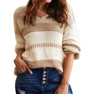 Heevina Striped Sweater Women V Neck Long Sleeve One Shoulder Loose Fit Knit Pullover Knitted Sweaters for Women (Small, Khaki)