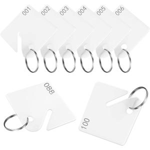 100 Pcs Key Tags Plastic Slotted Tags with Upgrade Round Ring, White Square Hanging Tags with Number(1-100) for Key Cabinets Boxes Lockers Sturdy Frosted Item Identifiers for Home Office and Garage